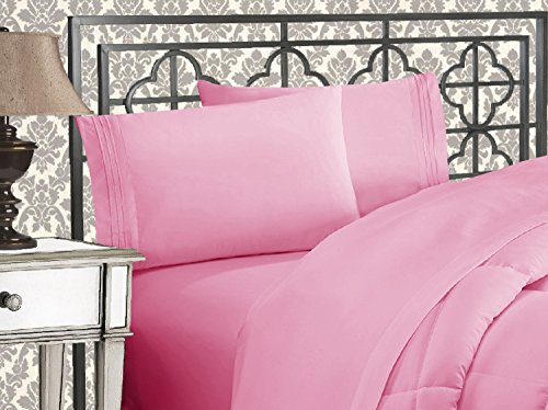 Elegant Comfort Lujoso juego de sábanas de 1500 hilos egipcios de tres líneas bordadas más suaves de calidad de hotel, 4 piezas, resistente a las arrugas y a la decoloración, Queen, rosa claro