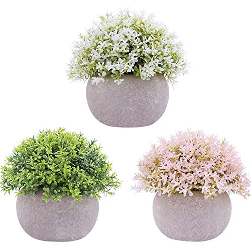Famibay 3 unidades de flores artificiales en maceta, pequeñas plantas artificiales de plástico para balcón, mesa, salón, dormitorio, decoración (verde y blanco, rosa, 3)