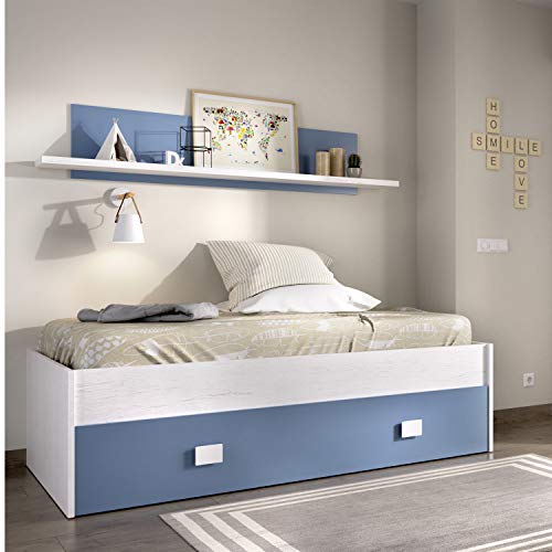 HABITMOBEL Cama Nido con Cajon y Estante Superior Acabado Artic y Azul. para colchón de 90x190cm HABITMOBEL Cama Nido con Cajon y Estante Superior Acabado Artic y Azul. para colchón de 90x190cm