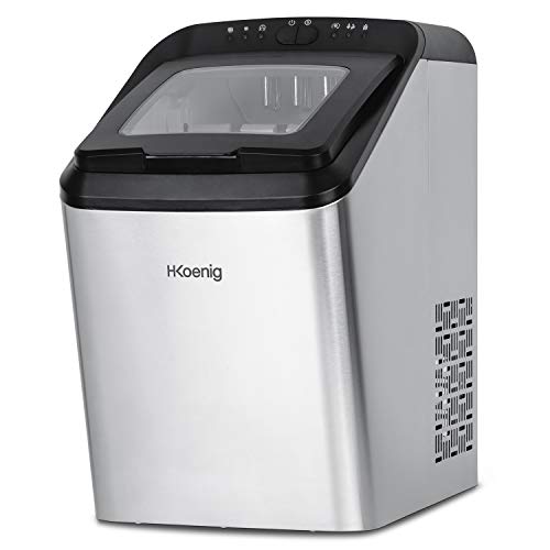 H.Koenig KBP40 Máquina de Hacer Hielo, Potencia 145 W, Diaria 15 Kg, Ciclo Producción 9 Mins, 2 Tamaños Cubitos, Capacidad Bandeja 2,8 L, Indicador Nivel de Agua, Acero Inoxidable, Accesorios