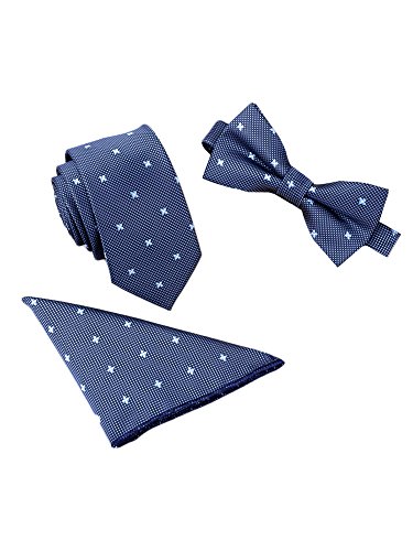 Hombre Pajarita Corbata Pañuelo de Bolsillo 3 en 1 Set - Pajarita Clásica 6*12 cm & Corbata Estrecha 6 cm & Pañuelo Floral Puntos Azul