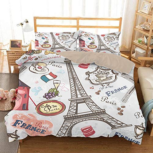 HXPainting 3 Piezas Ropa De Cama, 3D Microfibra Juego De Fundas De Edredón Paris Eiffel Tower Capital Romántica Mundialmente Famosa con 1 Funda Nórdica Y 2 Funda De Almohada,B,Twin