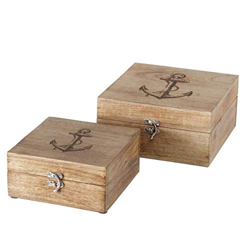Juego de 2 cajas decorativas con forma de ancla, 15/20 cm, estilo colonial, baúl de madera, caja de madera, caja decorativa, color marrón y beige
