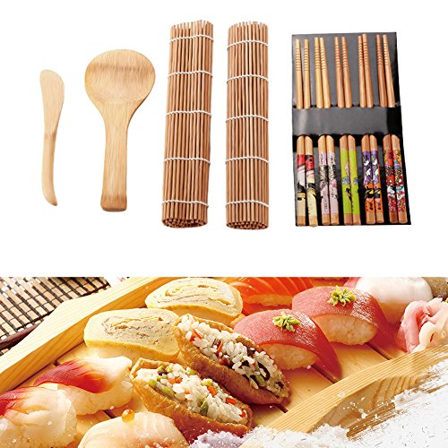Kit para hacer sushi Fabricante de sushi casero Esteras de bambú para sushi Máquina de rodillo de sushi de bricolaje Cuchillo de sushi, cuchara, cortina de sushi, palillos