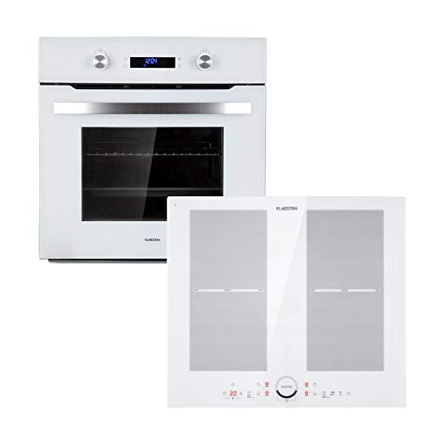 Klarstein Kalahari Delicatessa lote de horno - Horno y placas de cocina, Placa de inducción de 4 zonas de 7000 W (2 x 2000 W / 2 x 1500 W), Horno de 68 litros/clase A, Blanco, Acero inoxidable