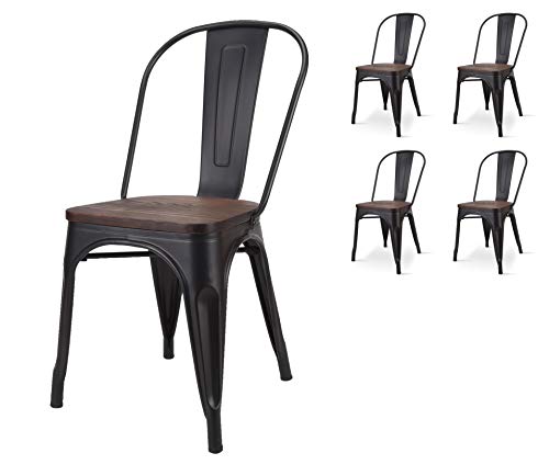 KOSMI Lote de 4 sillas de estilo industrial negro y madera industrial en metal negro mate y asiento de madera oscura KOSMI Lote de 4 sillas de estilo industrial negro y madera industrial en metal negro mate y asiento de madera oscura