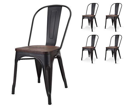 KOSMI Lote de 4 sillas de estilo industrial negro y madera industrial en metal negro mate y asiento de madera oscura