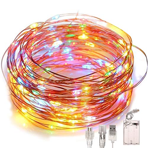 Led Fairy String Lights, Battery Powered/USB Plug in, 2 Modes, 100 LEDs 10M/32Ft Decorative Copper Wire Light, IP65 Waterproof for Indoor Outdoor Decor Patio Garden Wedding Christmas (Multicolor)