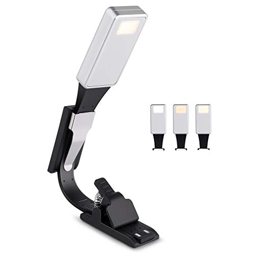 LED Lampara de lectura, LSNDEE Luz de Libro USB Recargable, Luz de Noche, Cuidado de Los ojos, 3 Modos de Clip de Brillo en el Libro, 360 ° Flexible, Cama Portátil Con iluminación (Plateado)