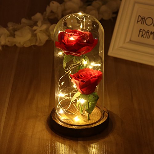 LEDMOMO Rosa de Seda roja y luz LED con pétalos caídos en una cúpula de Cristal sobre una Base de Madera Regalo para el día de San Valentín Boda de cumpleaños de Aniversario (Dos Rosas)