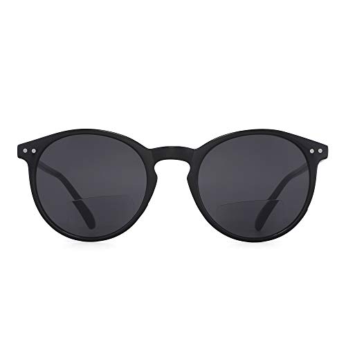 Lentes de gafas de sol bifocales JM Gafas de lectura de estilo redondo retro para mujeres Hombres Marco negro Lente gris +1.75