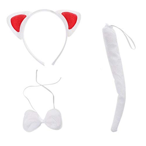 Lot Cat - Gato Blanco - Diadema con Orejas - Cola - Pajarita - Accesorios - Disfraz - Mujer - niña - Halloween - Carnaval - Color Blanco y Rojo