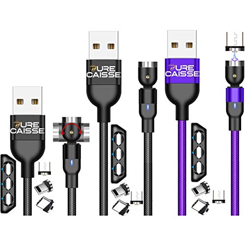 Lote de 3 cables magnéticos 3 en 1 con 3 cables magnéticos de carga rápida y transferencia de datos de nailon trenzado, incluye 1 m negro + 2 x 2 m negro y morado con adaptadores micro USB tipo C e IP