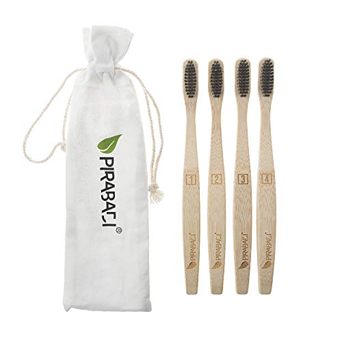 Lote de 4 cepillos de dientes de bambú, 100 % natural, bolsa de regalo, marca 100 % francesa, ecológico, ecológico y ecológico.
