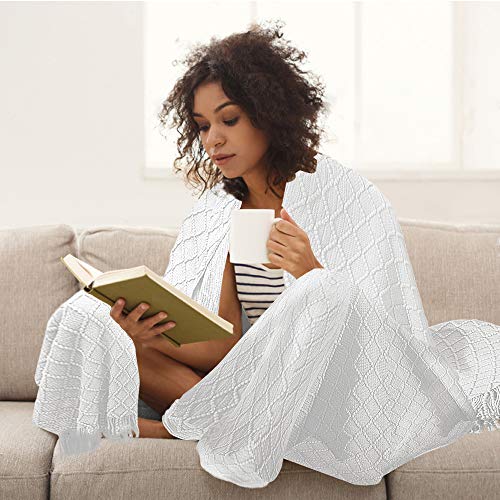 Manta de punto, manta de punto con borla hecha a mano, manta de verano, manta de diseño para sofá, cama y como manta para ver la televisión o tomar un aperitivo en la silla o la oficina (blanco)