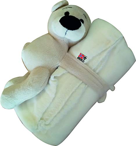 Manta polar Infantil con osito, EKEKO POLAR BEAR WITH KIDS BLANKET. Oso con cierre tipo adherente en las manitas. (Blanco)