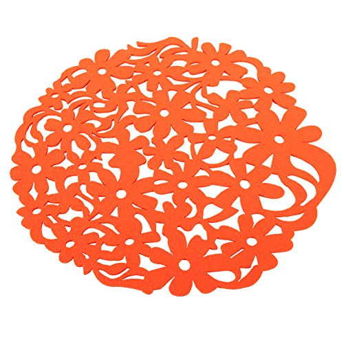 Manteles individuales de fieltro con forma redonda de 4 colores, resistentes al calor, aislamiento perforado, diseño de flores, alfombrilla de comedor para platos calientes naranja