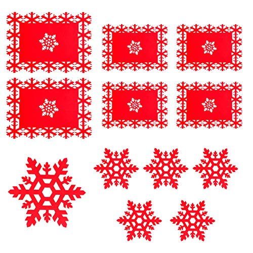 Manteles Individuales de Navidad - Juego de 6 Manteles Individuales de Navidad para Mesa y Taza, Diseño de copo de nieve rojo para Navidad, Vacaciones, Boda, Decoración de Cenas