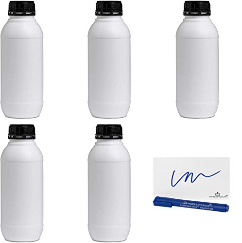 MARKESYSTEM - Botella blanca 1 Litro (5 botellas) de plástico, cierre rosca boca ancha - Catering Industrial, Líquidos, Cosmética, Químicos, ADR + Kit Etiquetado, Apta para uso alimentario.