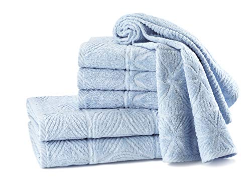 my cocooning Juego de toallas Agatha de 6 piezas, color azul claro, suave y absorbente, 100% algodón, 2 toallas de ducha grandes (70 x 140 cm) y 4 toallas pequeñas (50 x 80 cm), lavable a máquina
