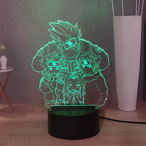 Naruto Anime 3D LED Luz nocturna Kakashi Sasuke Sakura y Uzumaki Naruto 16 colores lámpara decorativa lámpara de escritorio con mando a distancia táctil USB, regalo de cumpleaños para niños