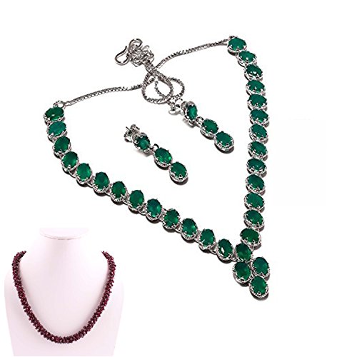 Neerupam Collection Verde magnífico Diamante ónice Mirada de rodio plateó el Pendiente y el Collar Conjunto de Plata para Las Mujeres