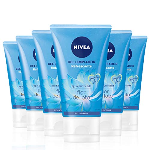 NIVEA Gel Limpiador Refrescante al Agua en pack de 6 (6 x 150 ml), con agua purificada y flor de loto para el cuidado facial, limpiador facial enriquecido con vitamina E