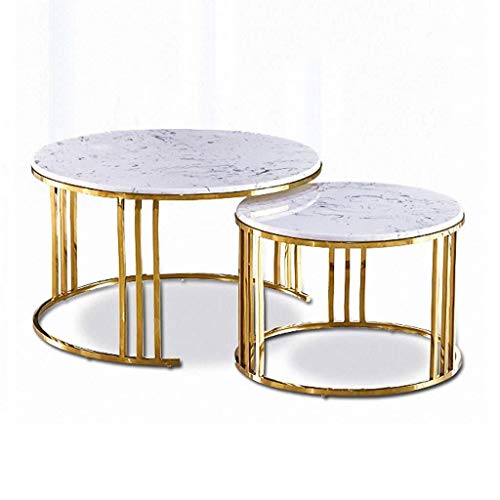 NJYT Lujoso mármol Round Table Top Café Chapado en Oro de Acero Extensible Mesa Lateral Inoxidable for Apartamento/Sala de Estar, Set de 2