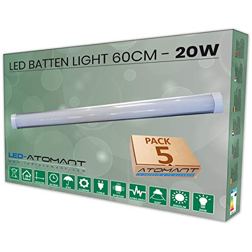 Pack 5x Lámpara Luminaria 60 cm 20w. Color blanco frio 6500K. Tubo led integrado T8. 1700 lumenes. Pantalla led slim. A++