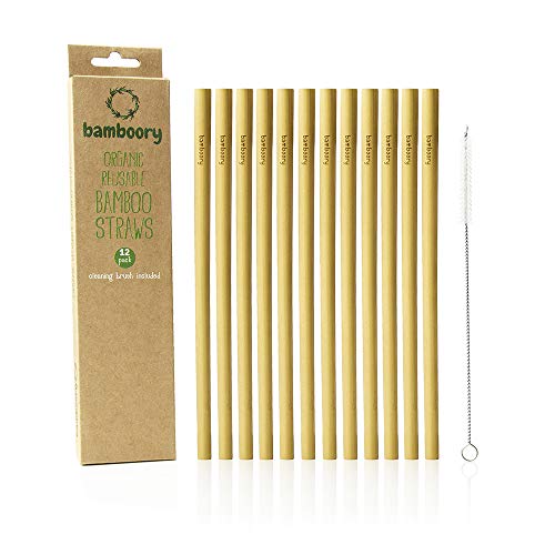 Pajitas de Bambú Reutilizable | 100% Orgánico y Biodegradable | Respetuoso Con el Medio Ambiente | Alternativa al Plástico | Cepillo de Limpieza Incluido | Paquete de 12
