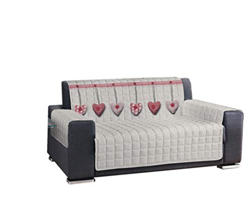 PENSIERI DELICATI Funda de sofá acolchada de 4 plazas Made in Italy, Corazón colgante rojo, 230/235 cm desde el reposabrazos hasta el reposabrazos, parte superior de algodón, inferior de polipropileno