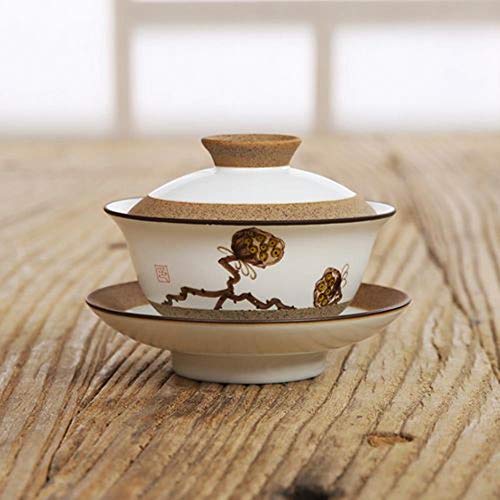 PINGS Orquídea de Gaiwan de cerámica Pintada a Mano de 130 ml/Juegos de té de Kung Fu de raíz Sopera de té Tazas de Cuenco de Arcilla Clay Sancai Tea Bowl, raíz de Loto, Aproximadamente 130 ml