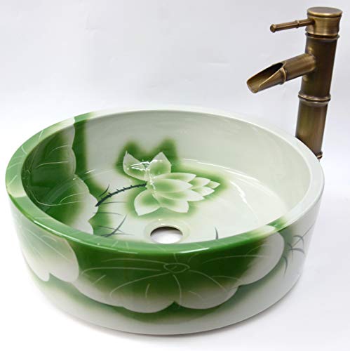 Pintura tradicional china con diseño de hojas de loto, hecho a mano, pintado a mano, estilo vintage, para cuarto de baño, cerámica, encimera de porcelana, lavabo redondo, 350 x 150 mm