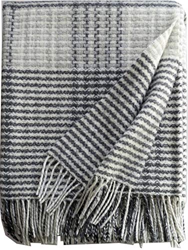 Plaids & Co Silkeborg - Manta (lana merino, 140 x 200 cm, con flecos), diseño de cuadros, color crema y gris