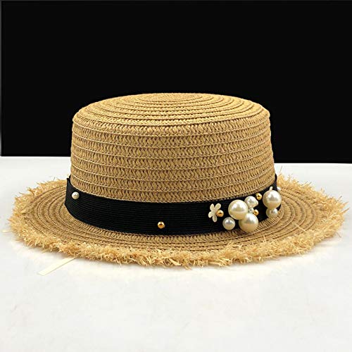 QFERW Sombrero Lovely Flat Top Sombrero de Paja   Summer Spring Gorras de Viaje para Mujer Ocio Playa de Perlas Sol Sombrero s, Negro