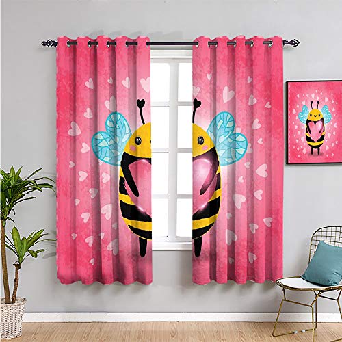 Queen Bee - Cortina de aislamiento térmico oscurecida, cortinas de 72 pulgadas de largo, diseño de abejorro con un corazón gigante, diseño de dibujos animados