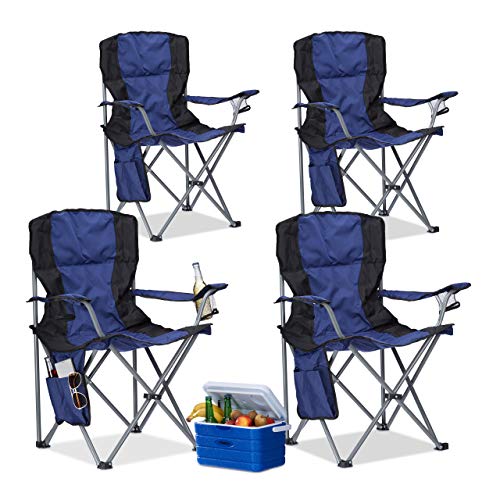 Relaxdays Pack de 4 Sillas Plegables Camping con Reposabrazos y Soporte para Bebidas, Poliéster, Azul y Negro, 93 x 77 x 52 cm