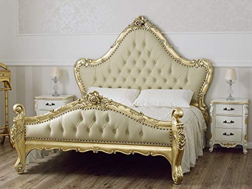 SIMONE GUARRACINO LUXURY DESIGN Cama matrimonial Bryanna Estilo Barroco Francese Color Hoja Oro Eco-Piel Champagne Botones Crystal Sw