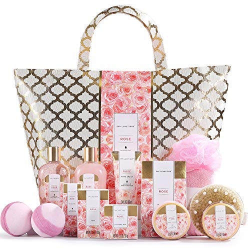 Spa Luxetique Set de Baño y Ducha a Rosa, Set Lujoso de Regalo con 15 Piezas en Bolso de Mano, Incluye Aceite de Masaje, Sales de Baño, Bombas de Baño, Loción Corporal, Regalos Originales para Mujer