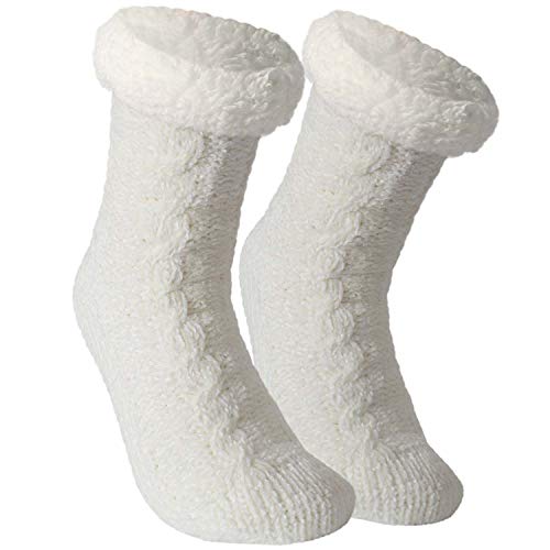 Tacobear Zapatillas Casa Mujer Calcetines Antideslizantes Cálido Calcetines Invierno con suela Calcetines Zapatilla Gruesos Lana Calcetines de Piso para Mujer Hombres (Blanco, sin pompom)