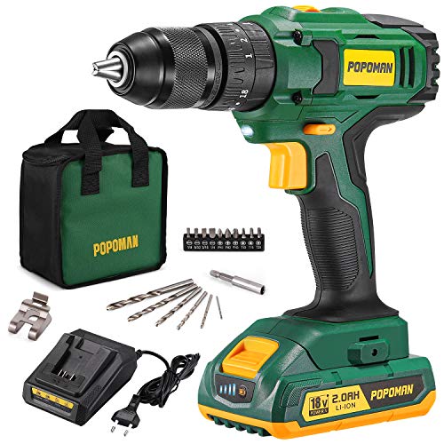 Taladro Atornillador 18V, POPOMAN Taladro percutor 45N.m Par Máx, Batería de Litio de 2.0Ah, 1 Hora de Carga Rápida,18+3 con Selección de Marcha, 2 Velocidades, 17 accesorios universales-BHD750B Taladro Atornillador 18V, POPOMAN Taladro percutor 45N.m Par Máx, Batería de Litio de 2.0Ah, 1 Hora de Carga Rápida,18+3 con Selección de Marcha, 2 Velocidades, 17 accesorios universales-BHD750B