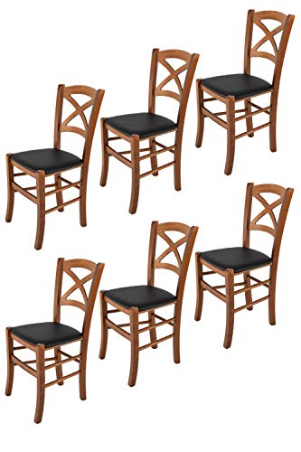 Tommychairs - Set 6 sillas Cross para Cocina y Comedor, Estructura en Madera de Haya Color Nuez Claro y Asiento tapizado en Polipiel Color Negro