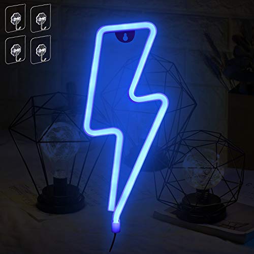 Umitive Letreros de Neon Rayo, Luz Neón LED con 4 Ganchos, Batería o USB Accionado, Ahorro de Energía, Señal de Neón Lámparas, Azul Muestra Ligera de Neón para Decoración de Pared, Fiesta y Habitación