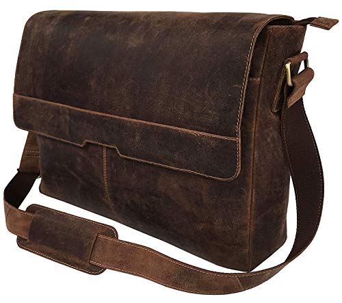 Vintage de cuero de la computadora portátil bolsas de mensajero para los hombres de cuero maletín de hombro bolso de hombre y mujer bolso, color Marrón, talla Large