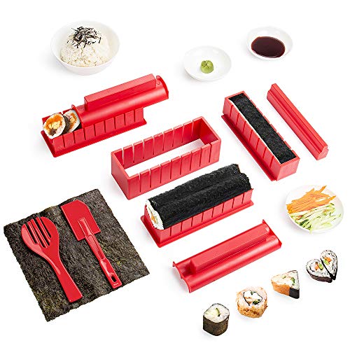 Virklyee Sushi Maker kit 10pcs 5 Formas únicas de Kit para Hacer Sushi Molde Inicio Hacer Sushi Kit Sushi kit del fabricante Fácil y divertido DIY Set de Sushi Roll arroz rollo molde (Rojo)