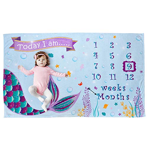 WERNNSAI Manta de Hito Bebé - Lana Telón de Fondo de la Fotografía Prop para Niñas Recién Nacido Bebé Baby Shower Regalo de Cumpleaños Sirena Mantas Semanales Mensuales, 150 x 100cm