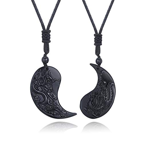 2 piezas de obsidiana Yin Yang colgante personalizado grabado dragón Phoenix joyería collares para parejas