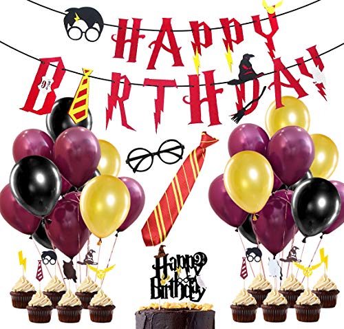 58 Piezas Suministros para la Fiesta de Harry Potter, Estandarte de cumpleaños, Rojo Vino, Corbata a Rayas, Gafas de Mago, Primeros de Pastel para Decoraciones de Fiesta de cumpleaños
