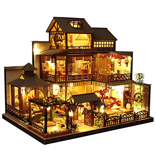 Aional DIY casa de muñecas Kit montado en miniatura de madera de la casa hecha a mano con movimiento de música para niñas Navidad cumpleaños movimiento con música (Sky City)
