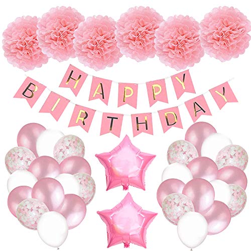 Aiva Toba Primeras Decoraciones de cumpleaños para niñas, Rosa, pancartas de Feliz cumpleaños con Globos Rosados y Pompones de Papel tisú para niña